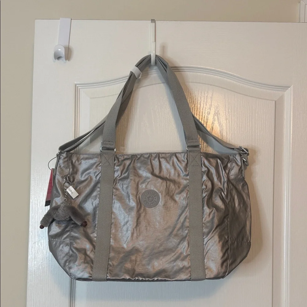 Kipling Adara Large Crossbody Tote Bag Smooth Silver Metallic